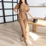 Ensemble t - shirt tops manches courtes col rond et pantalon taille haute elastqique vetement 2 pieces ...