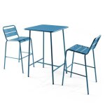 Ensemble table de bar et 2 chaises hautes en m�tal bleu pacific palavas oviala