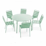 Ensemble table de jardin ronde et 6 chaises en m�tal vert sauge palavas oviala