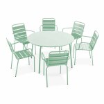 Ensemble table de jardin ronde et 6 fauteuils acier vert sauge palavas oviala