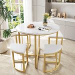 Ensemble table à manger - leytn - modèle rond - 4 places - mdf et velours - blanc élégant Ensemble table à manger - leytn - modèle rond - 4 places - mdf et velours - blanc élégant
