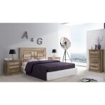 Ensemble de t�te de lit avec pieds + 2 tables de chevet + chiffonnier coloris ch�ne vieilli