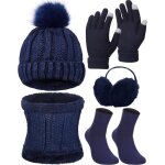 Ensemble tricot 5 pices - azwix - bonnet charpe gants cache - oreilles bas - bleu profond - adulte ...