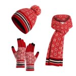 Ensemble trois pices bonnet charpe et gants - rouge - pour femmes - tricot chaud et pais