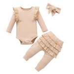 Ensemble de v�tements 3 pi�ces pour b�b� fille � volants en dentelle en coton body + pantalon + bandeau ...