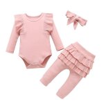 Ensemble de vtements 3 pices pour bb fille  volants en dentelle en coton body + pantalon + bandeau ...