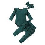 Ensemble de vtements 3 pices pour bb fille  volants en dentelle en coton body + pantalon + bandeau ...