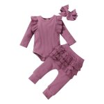 Ensemble de vtements 3 pices pour bb fille  volants en dentelle en coton body + pantalon + bandeau ...