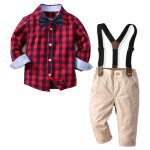 Ensemble de vêtements 4 pièces chemise carreaux avec n?ud papillon et pantalon à bretelles pour garçons ... Ensemble de vêtements 4 pièces chemise carreaux avec n?ud papillon et pantalon à bretelles pour garçons ...