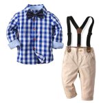 Ensemble de vêtements 4 pièces chemise carreaux avec n?ud papillon et pantalon à bretelles pour garçons ... Ensemble de vêtements 4 pièces chemise carreaux avec n?ud papillon et pantalon à bretelles pour garçons ...