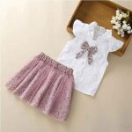 Ensembles de vêtements pour filles nouveau t - shirt sans manches dété + jupe à n?ud imprimé Ensembles de vêtements pour filles nouveau t - shirt sans manches dété + jupe à n?ud imprimé