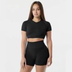 Ensemble de vêtement de sport femme - fitness - 2 pièces - noir - manches courtes - jogging yoga Ensemble de vêtement de sport femme - fitness - 2 pièces - noir - manches courtes - jogging yoga