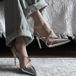 Escarpins femme - marque - bride  boucle croise en cuir verni argent - talons aiguilles hauts de 9 ...