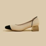 Escarpins femme confortable talons epais bicolore bout carr elgant textile respirante - abricot