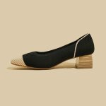 Escarpins femme confortable talons epais bicolore bout carr elgant textile respirante - noir