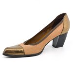 Escarpins femme en cuir doré - marque - modèle - talon large - pointu - cuir véritable Escarpins femme en cuir doré - marque - modèle - talon large - pointu - cuir véritable