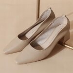 Escarpins femme - cuir vritable - talon carr pais - beige - souple - 5 cm