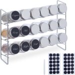 Relaxdays tagre  pices avec 18 pots en verre 36 tiquettes conservation pices hxlxp : 22 x 29 x ...