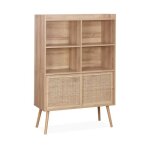 Etagre bibliothque dcor bois et cannage 5 tagres portes coulissantes boheme