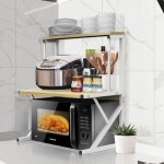 �tag�re pour four � micro - ondes peaches� - jaune noyer - cadre en m�tal - rangement � 3 niveaux