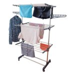 Etendoir pliable sur roulettes - 3 niveaux - schoir  linge acier - h145 cm - 10 cintres - 20 pinces ...