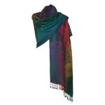 Etole �charpe pashmina et soie - motifs plumes de paon - vert