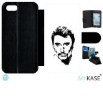 Etui � rabat iphone se 2020 - dessin johnny hallyday noir et blanc - simili - cuir - noir