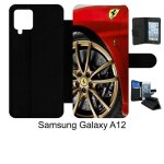 Etui  rabat compatible avec samsung galaxy a12 - ferrari - simili - cuir - bord noir