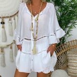 vider bouton robe ample  manches  volants 3 / 4 en coton et lin pour femmes blanc