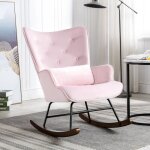 Fauteuil � bascule - homemiyn - velours rose - dossier haut - pieds en bois - 1 place