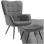 Assise - tectake - fauteuil hygge en acier et polyester � laspect velours c�tel� fin avec tabouret - ...