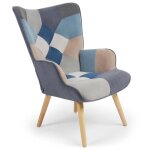 Fauteuil scandinave lyliane effet patchwork velours gris et bleu