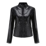 Femme blouson simili cuir col montant veste zippee slim fit couleur unie pour printemps et automne - ...