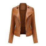 Femme blouson simili cuir col revers veste mi saison couleur unie rivet dcoratif pour printemps et automne ...