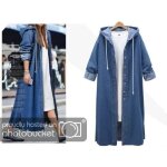 Femmes capuche casual manches longues veste en jean long manteau jean outwear pardessus bleu