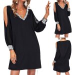 Femmes col v robe tunique Élégant plage soirée fête cocktail shirt robe noir Femmes col v robe tunique Élégant plage soirée fête cocktail shirt robe noir