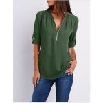 Femmes col en v zipper couleur pure en mousseline de soie t - shirts en vrac casual hauts chemisier tunique ...
