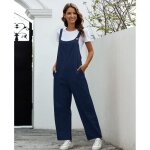 Femmes couleur unie pantalon salopette en coton combinaisons combishort avec poches bleu
