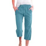 Pantalon large femme en lin lastiqu avec poches - bleu ciel - blanc - dcontract - femme