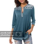 Femmes manches 3 - 4 imprimer boho chemise col en v automne chemisier