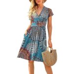 Femme robe d?t  manche courte avec poche en col v mi - longue pliss chic lgant imprim dcontract ...