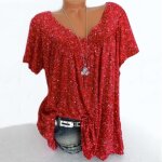 T - shirt femme - rouge - col en v profond - manches courtes - imprim floral