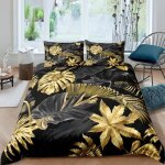 Parure de lit - mouton maison deco - feuilles tropicales dores et noires - noir or - microfibre - 220x240 ...