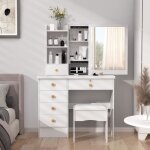 Coiffeuse avec miroir et tabouret - table de maquillage - 6 tiroirs - miroir coulissant - �tag�res ouvertes ...