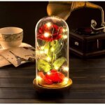Fleur artificielle led - belle et la b�te - rose eternelle - base en bois - lampe d�corative - cadeau ...