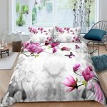 Fleur de magnolia et papillons parure de lit 3 pieces 1 housse de couette 220 * 240cm et 2 taies doreillers ...
