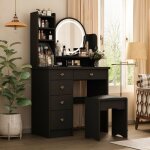 Coiffeuse noire avec miroir rond et tabouret table de maquillage avec lumi�re led tiroirs et compartiments ...