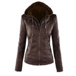 Funmoon blouson femmes bomber en simili cuir fermeture clair motard hooded tops capuche court moto