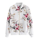 Funmoon blouson femmes rtro impression florale fermeture eclaire bomber outwear casual coat blanc