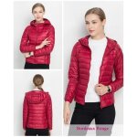 Funmoon bordeaux rouge doudoune femme courte  capuche fine lgre light 90% duvet hiver col montant ...